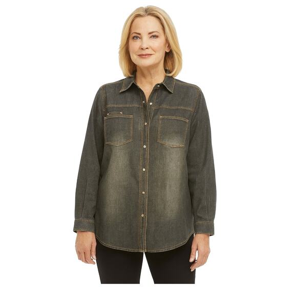 Chico's Shirt Size 1 (Medium) Western Gray Denim Heavy Button-Down Pearl Snaps - Picture 1 of 7